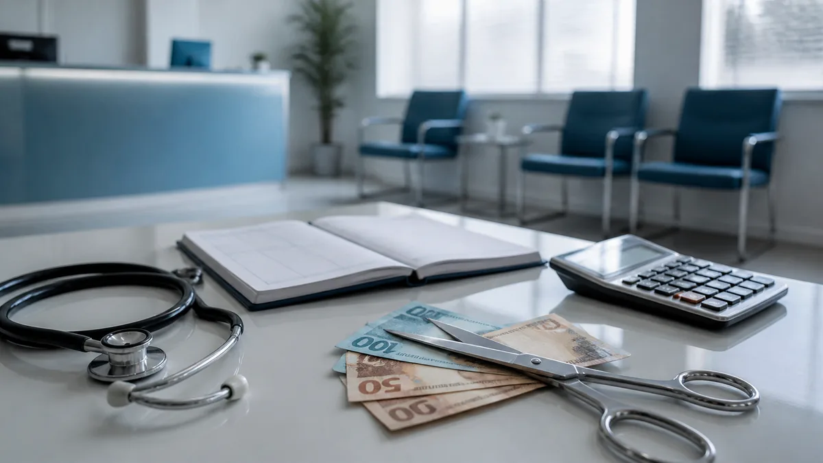 Mesa de consultório médico com estetoscópio, agenda, calculadora e tesoura sobre cédulas de real, ilustrando o corte de R$ 200 bilhões e seu impacto nas clínicas